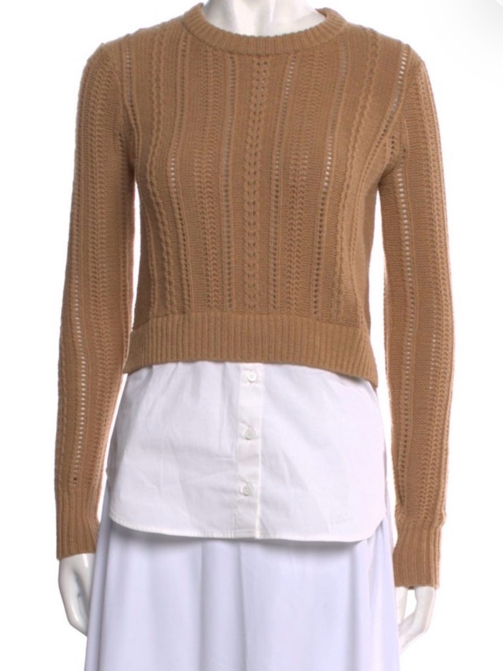 Veronica Beard Camel Open-Stitch Crewneck Sweater